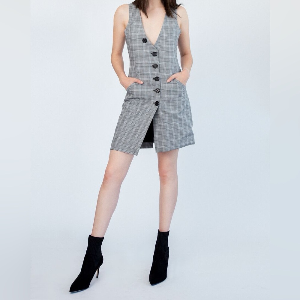 Sleeveless Gray Plaid Mini Dress with Buttons